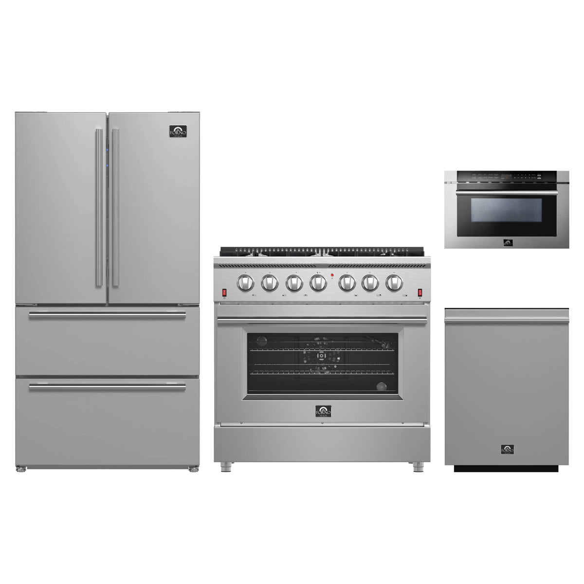 Forno 4-Piece Appliance Package - 36-Inch Gas Range, Refrigerator, 24-Inch Microwave Drawer, & 3-Rack Dishwasher in Stainless Steel