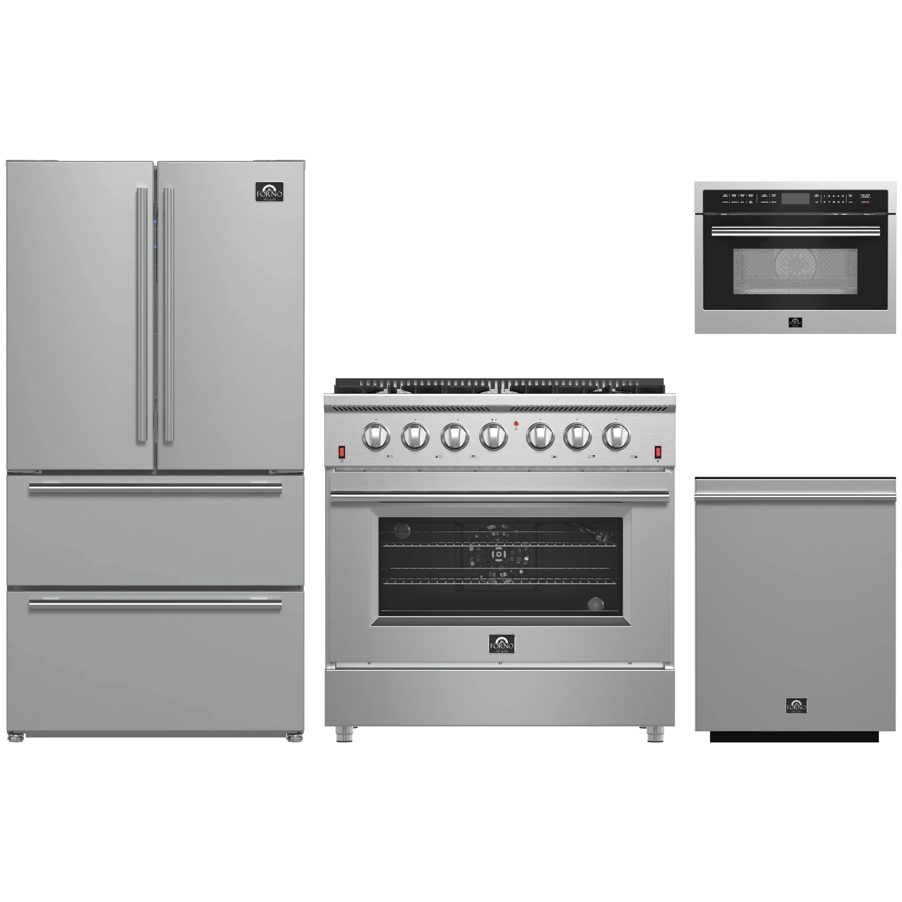 Stainless steel kitchen appliance set with refrigerator, gas range, microwave, and dishwasher