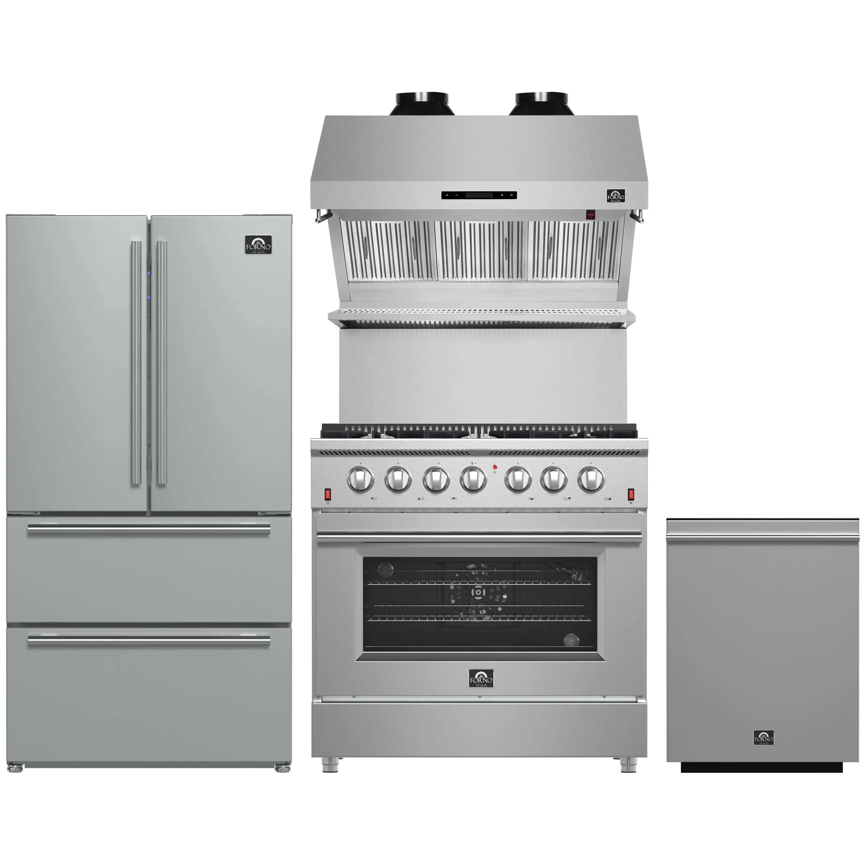 Stainless steel appliance package with refrigerator, gas range, wall hood, and dishwasher