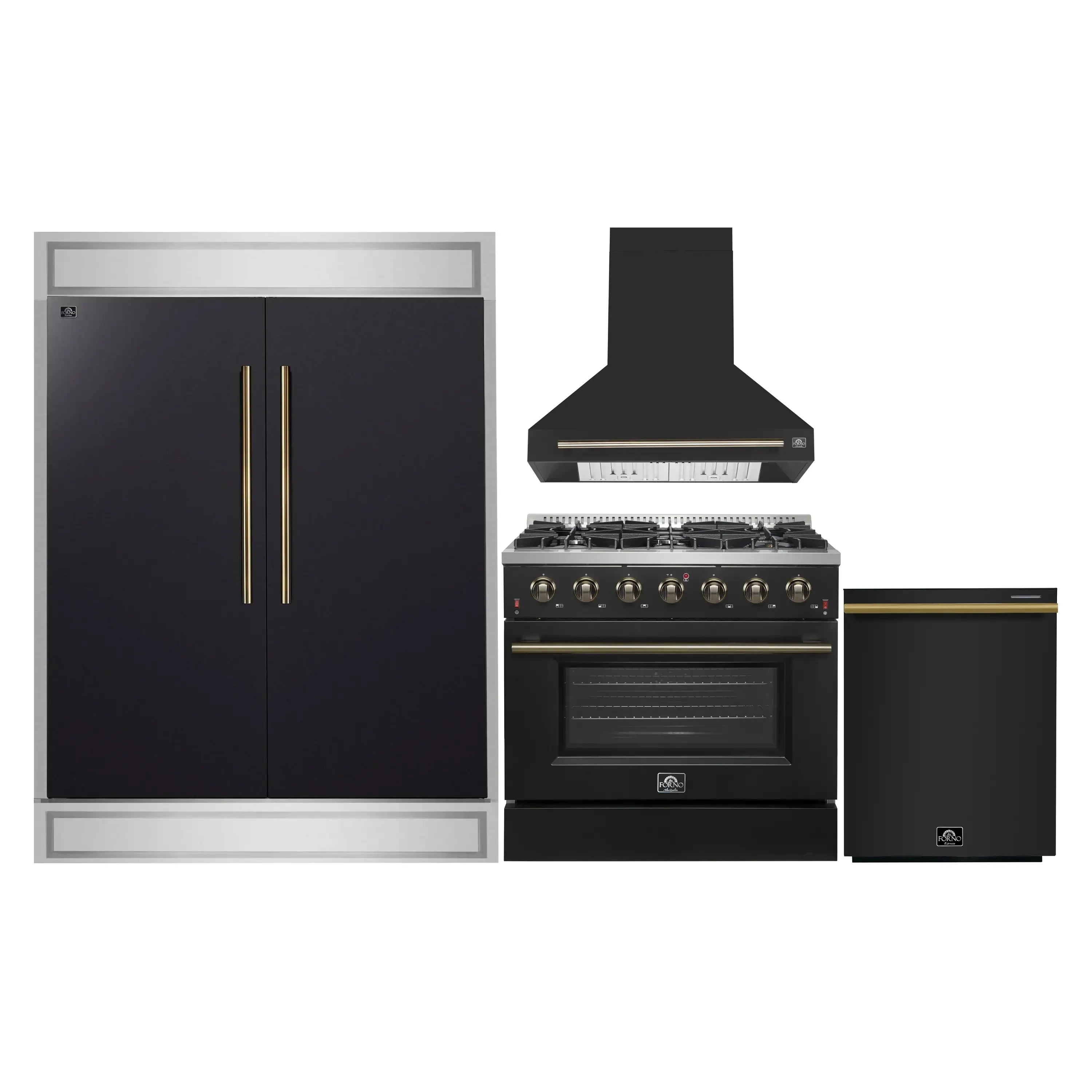 Black range and oven with antique brass controls, next to a black refrigerator