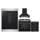 Forno 4-Piece Appliance Package - 36-Inch Gasl Fuel Range, Wall Mount Range Hood, 60-Inch Built-In Convertible Refrigerator, and Dishwasher in Black with Antique Brass Handle