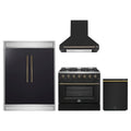 Forno 4-Piece Appliance Package - 36-Inch Gasl Fuel Range, Wall Mount Range Hood, 60-Inch Built-In Convertible Refrigerator, and Dishwasher in Black with Antique Brass Trim