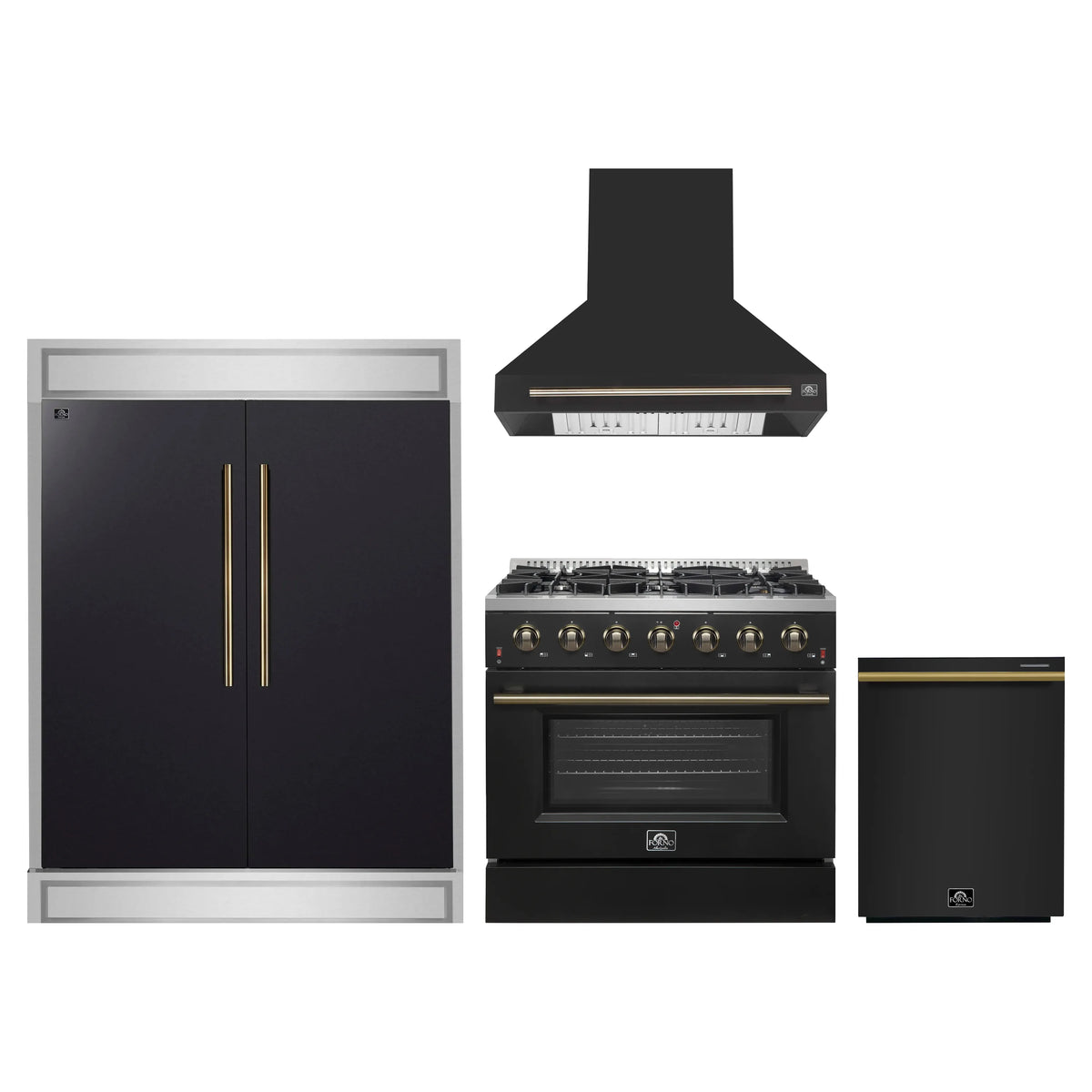 Forno 4-Piece Appliance Package - 36-Inch Gasl Fuel Range, Wall Mount Range Hood, 60-Inch Built-In Convertible Refrigerator, and Dishwasher in Black with Antique Brass Trim