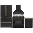 Forno 4-Piece Appliance Package - 36-Inch Gas Range, Wall Mount Range Hood, 36-Inch French Door Refrigerator, and Dishwasher in Black with Antique Brass Handle