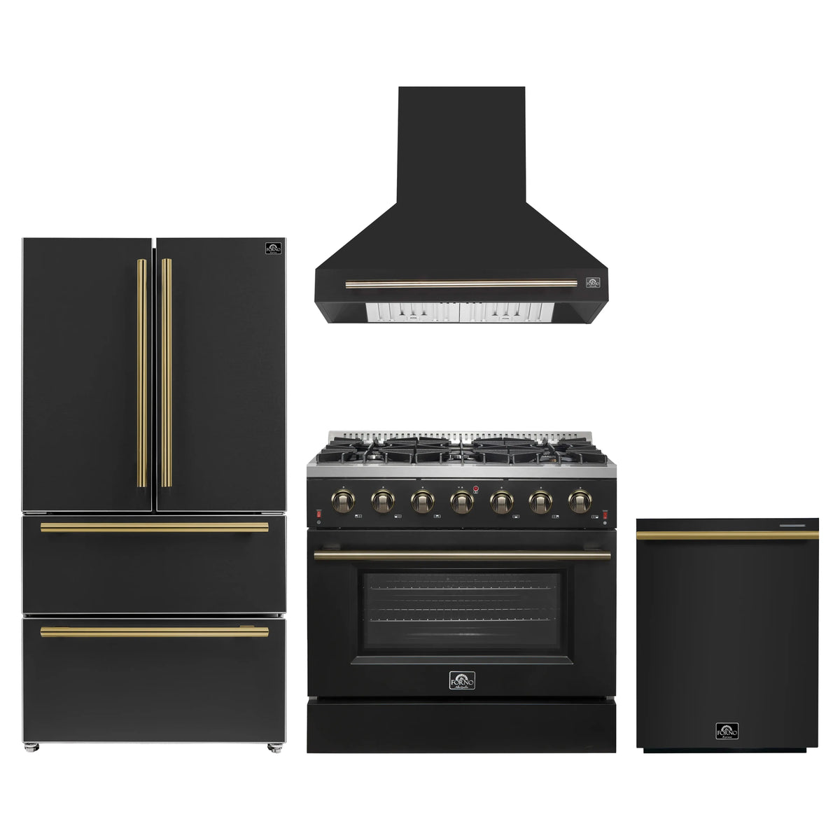 Forno 4-Piece Appliance Package - 36-Inch Gas Range, Wall Mount Range Hood, 36-Inch French Door Refrigerator, and Dishwasher in Black with Antique Brass Trim