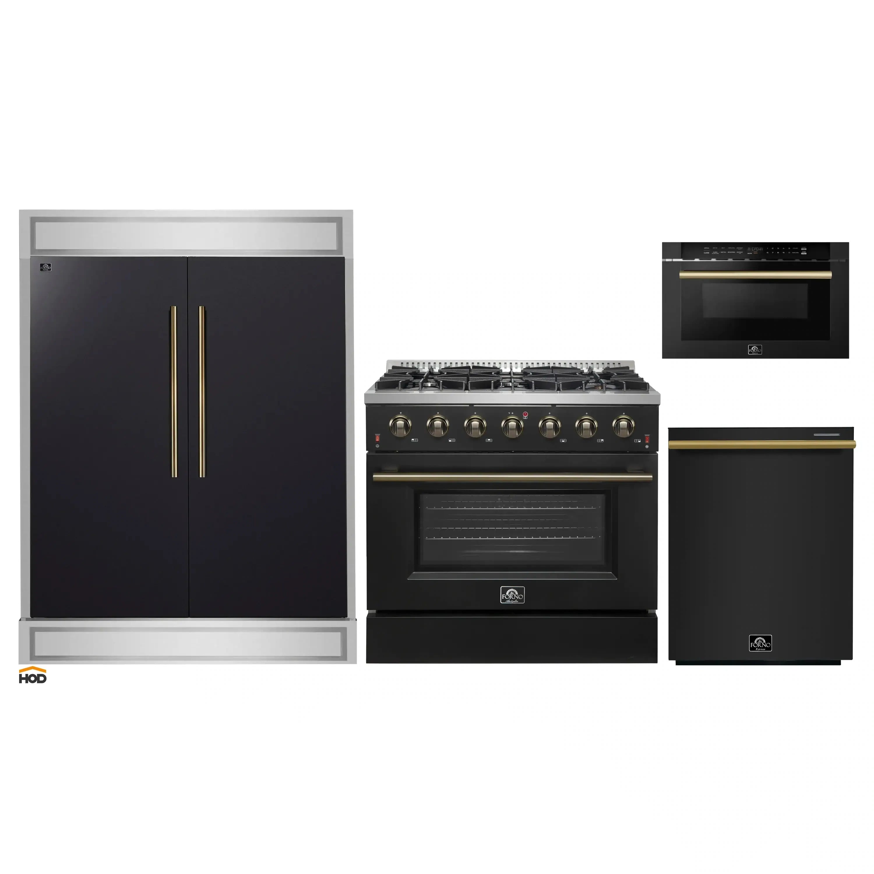 Black appliance package: refrigerator, gas range, dishwasher, and microwave drawer