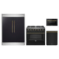 Forno 4-Piece Appliance Package - 36-Inch Gas Range, 60-Inch Convertible Refrigerator with Modern Trim, Dishwasher, and 24-Inch Microwave Drawer in Black with Antique Brass Trim