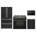 Forno 4-Piece Appliance Package - 36-Inch Gas Range, 36-Inch Refrigerator, 24-Inch Microwave Drawer, & Dishwasher in Black with Antique Brass Trim
