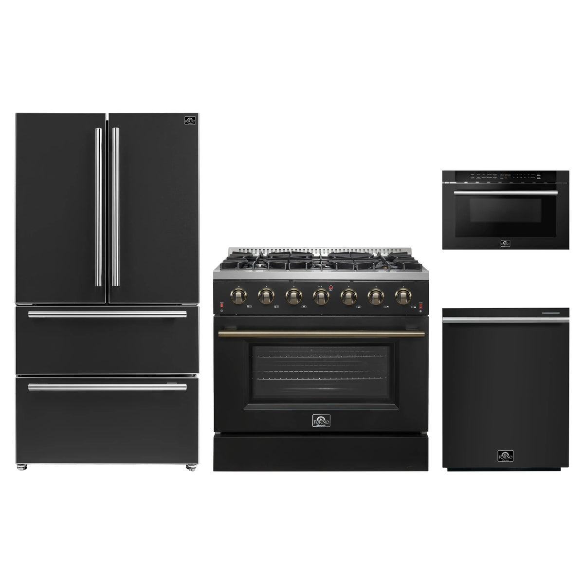Forno 4-Piece Appliance Package - 36-Inch Gas Range, 36-Inch Refrigerator, 24-Inch Microwave Drawer, & Dishwasher in Black with Antique Brass Trim