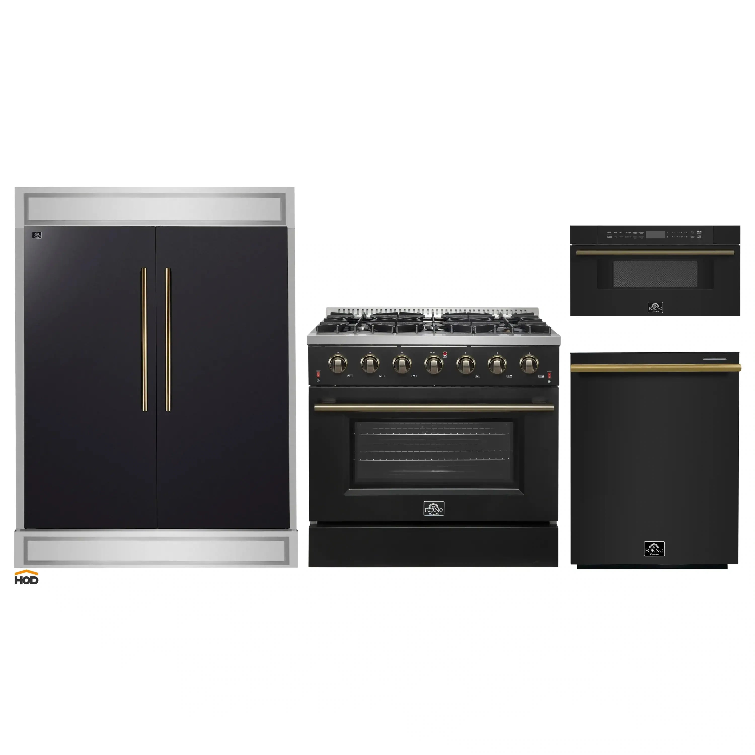 Black appliance package with gold accents: refrigerator, gas range, dishwasher, microwave