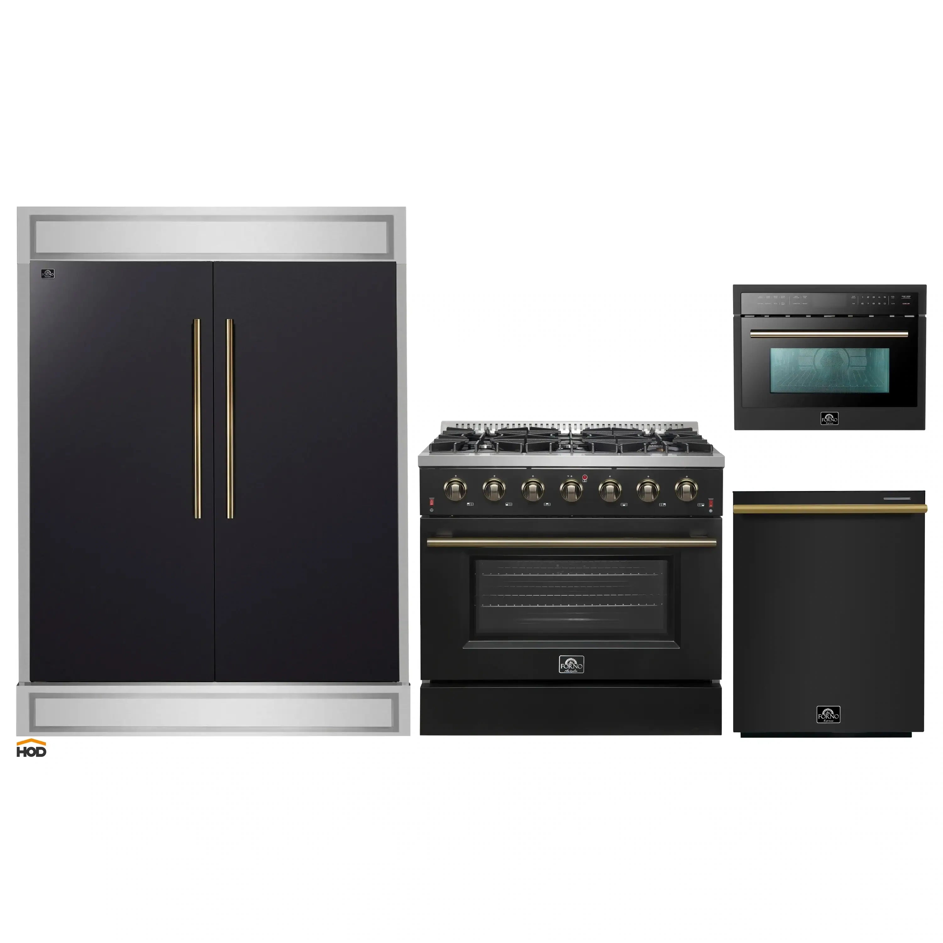 Black appliance package set with refrigerator, gas range, microwave, and dishwasher