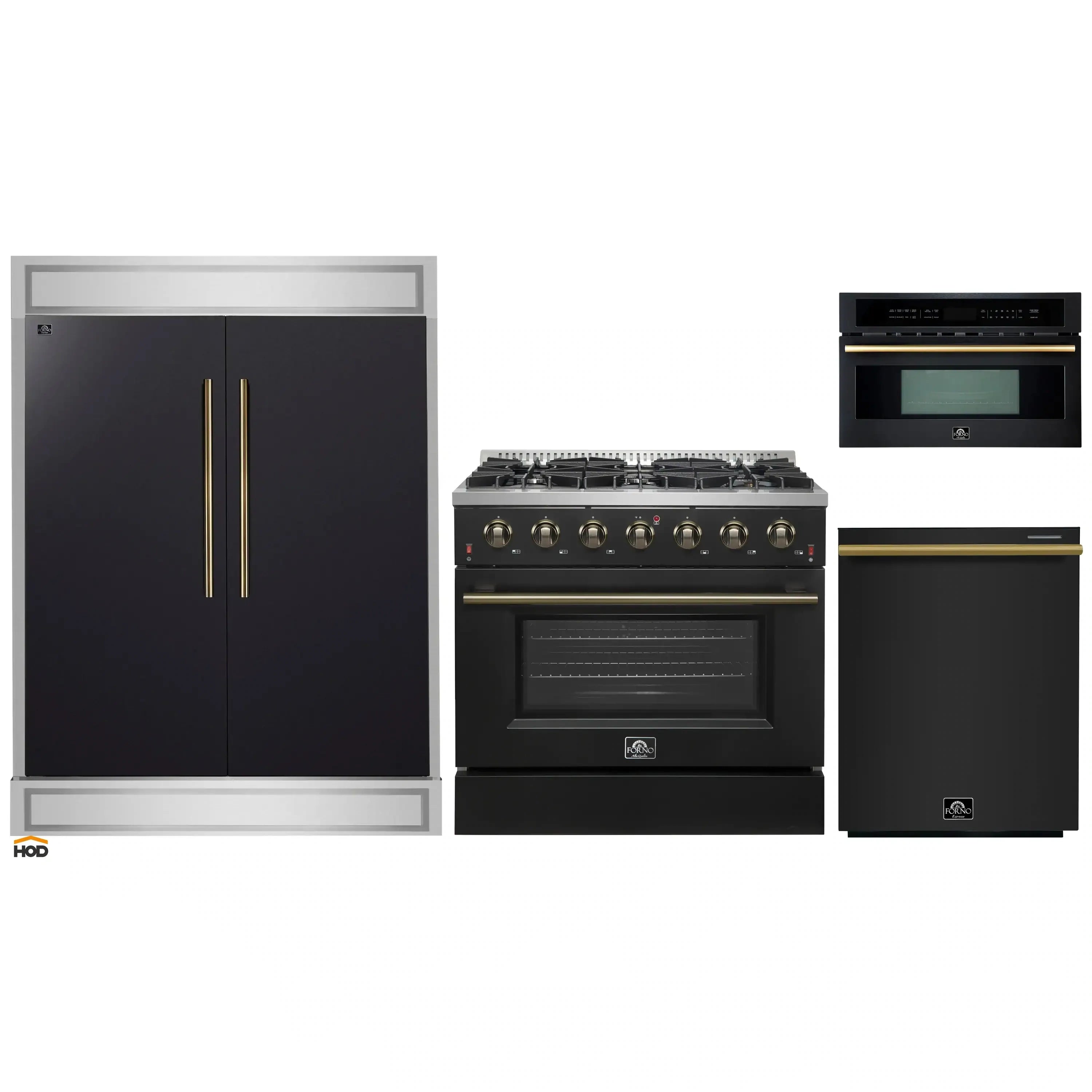 Appliance package with black refrigerator, gas range, dishwasher, and microwave