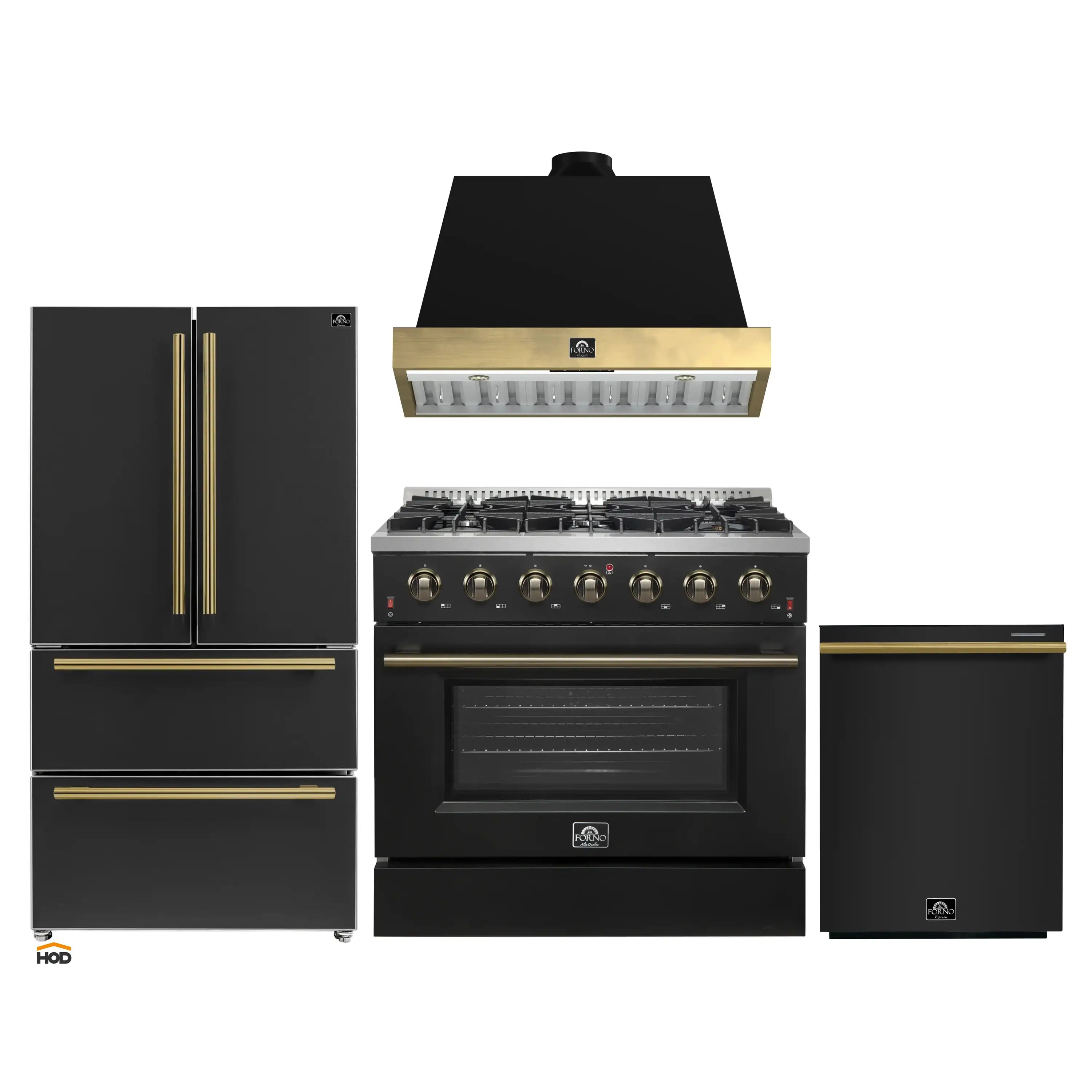 Black 4-piece kitchen appliance set with antique brass trim: range, hood, fridge