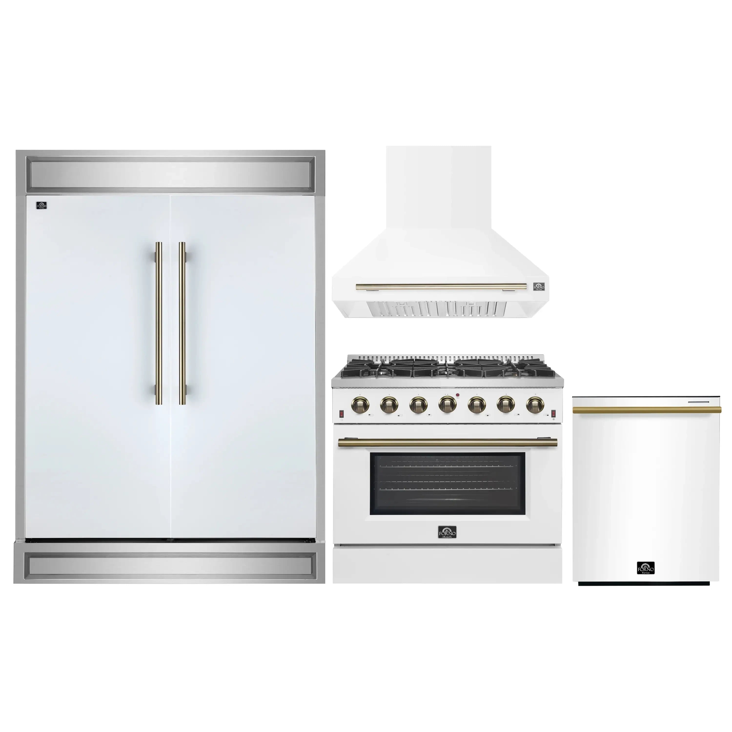 White kitchen appliance set with refrigerator, gas range, and wall hood