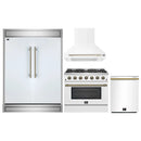 Forno 4-Piece Appliance Package - 36-Inch Gas Range, Wall Mount Range Hood, 60-Inch Built-In Convertible Refrigerator, and Dishwasher in White with Antique Brass Trim
