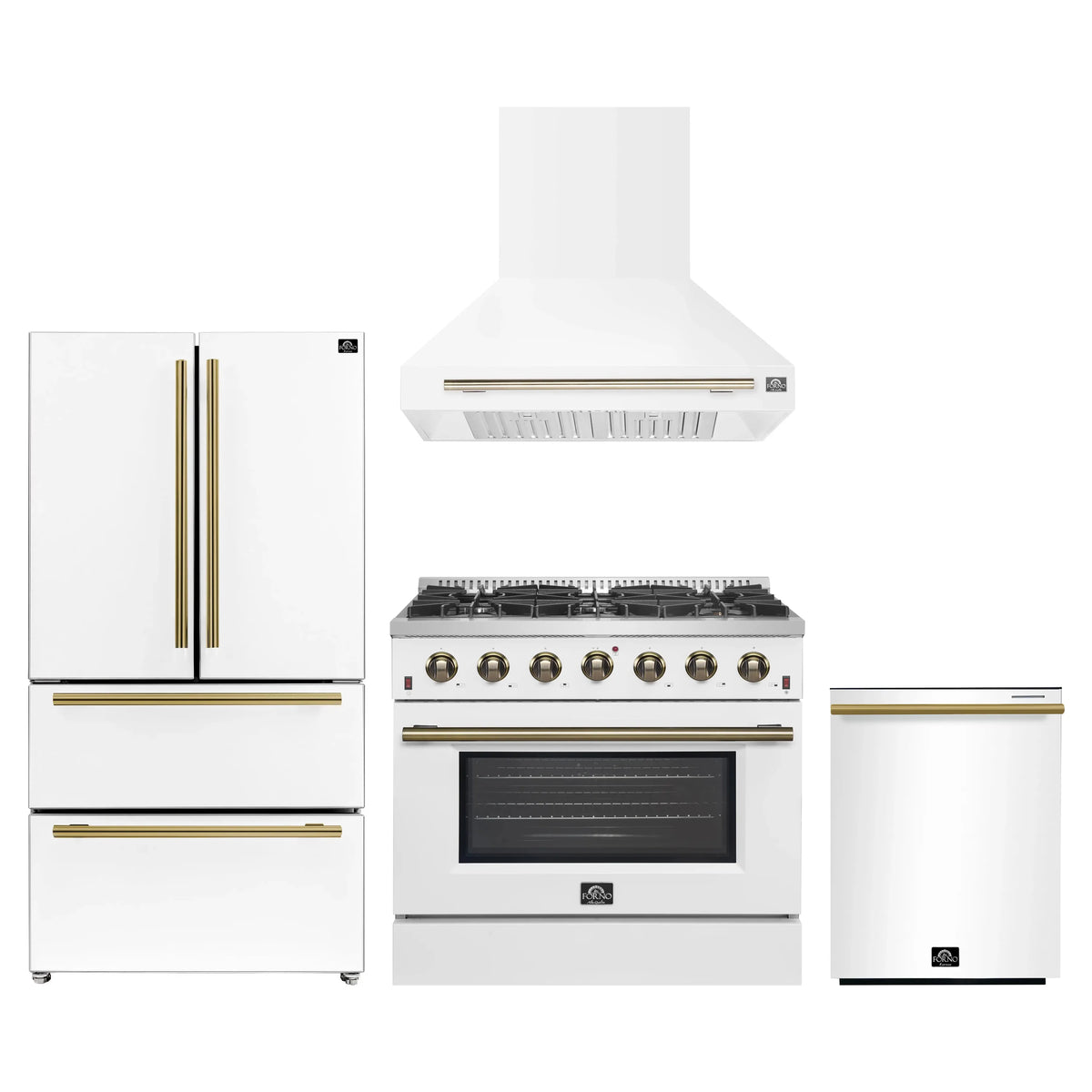 Forno 4-Piece Appliance Package - 36-Inch Gas Range, Wall Mount Range Hood, 36-Inch French Door Refrigerator, and Dishwasher in White with Antique Brass Trim