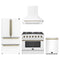 Forno 4-Piece Appliance Package - 36-Inch Gas Range, Wall Mount Range Hood, 36-Inch French Door Refrigerator, and Dishwasher in White with Antique Brass Trim
