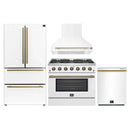 Forno 4-Piece Appliance Package - 36-Inch Gas Range, Wall Mount Range Hood, 36-Inch French Door Refrigerator, and Dishwasher in White with Antique Brass Handle