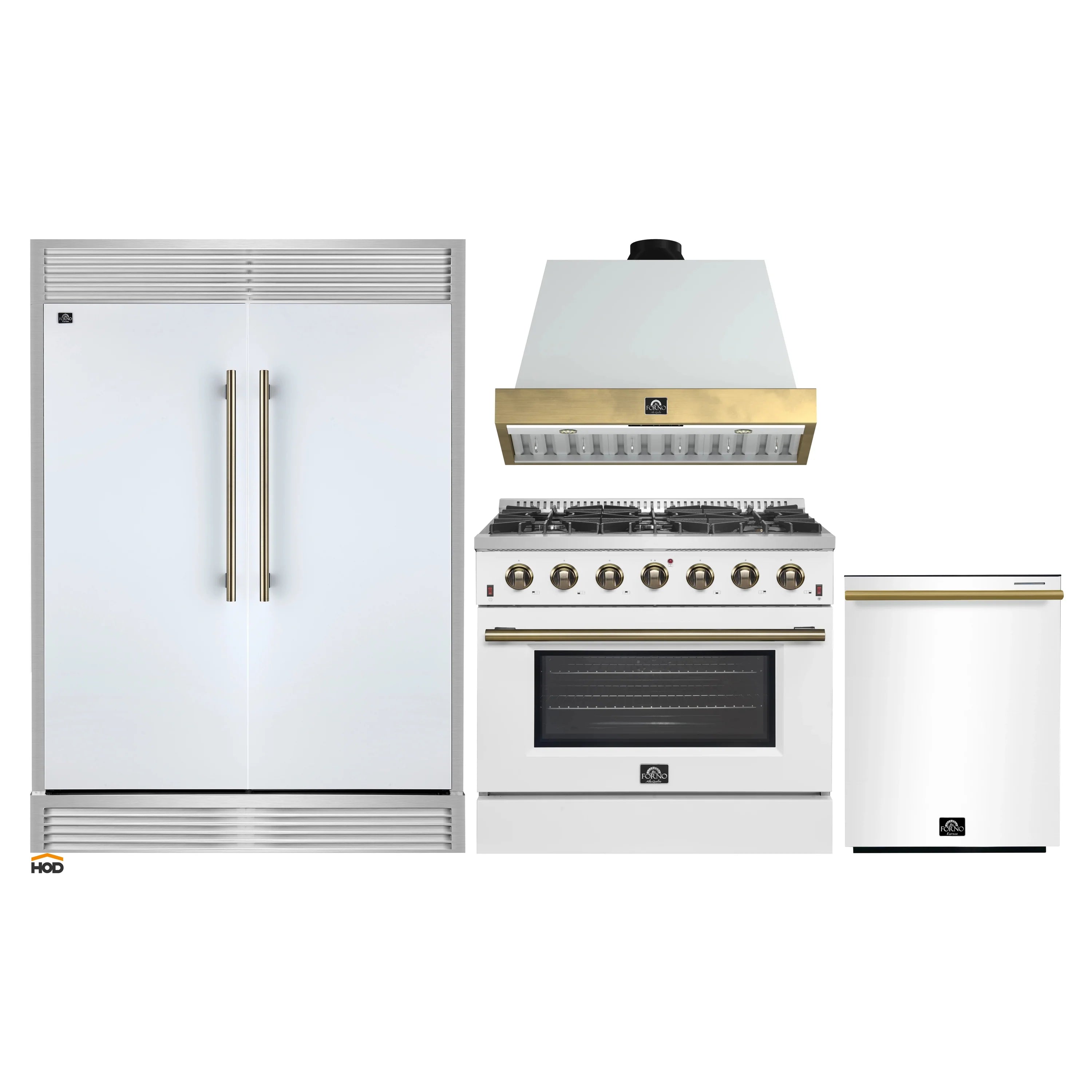 Appliance set featuring white refrigerator, gas range with brass knobs, and range hood