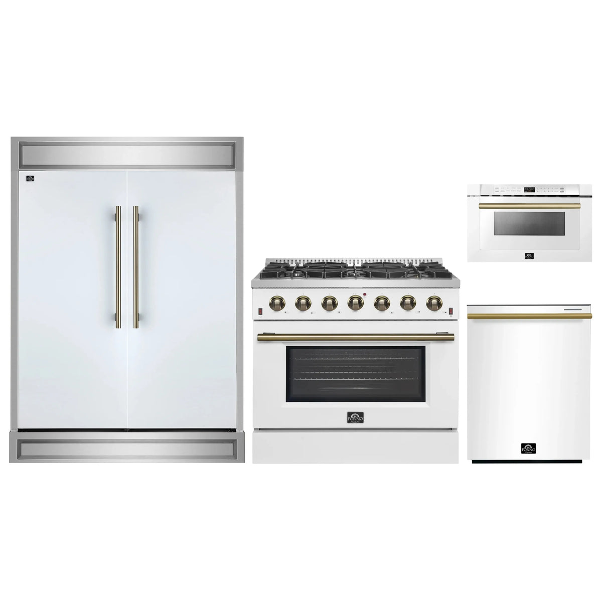 Forno 4-Piece Appliance Package - 36-Inch Gas Range, 60-Inch Refrigerator, Dishwasher, & 24-Inch Microwave Drawer in White with Antique Brass Trim