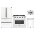 Forno 4-Piece Appliance Package - 36-Inch Gas Range, 36-Inch Refrigerator, 24-Inch Microwave Drawer, & Dishwasher in White with Antique Brass Trim