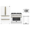 Forno 4-Piece Appliance Package - 36-Inch Gas Range, 36-Inch Refrigerator, 24-Inch Microwave Drawer, & Dishwasher in White with Antique Brass Trim