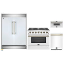 Forno 4-Piece Appliance Package - 36-Inch Gas Range, 60-Inch Refrigerator, Dishwasher, & 30-Inch Microwave Drawer in White with Antique Brass Handle