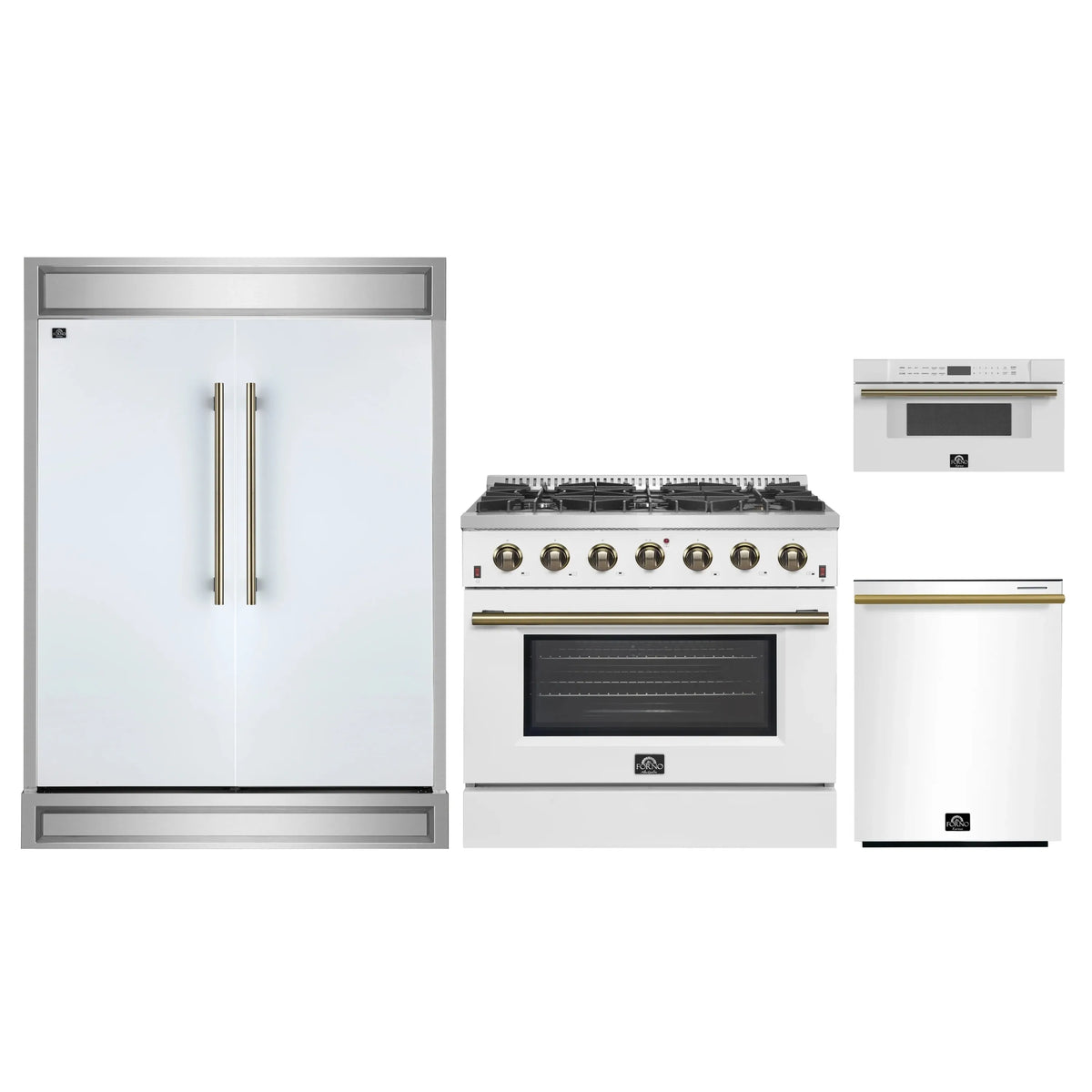 Forno 4-Piece Appliance Package - 36-Inch Gas Range, 60-Inch Refrigerator, Dishwasher, & 30-Inch Microwave Drawer in White with Antique Brass Trim