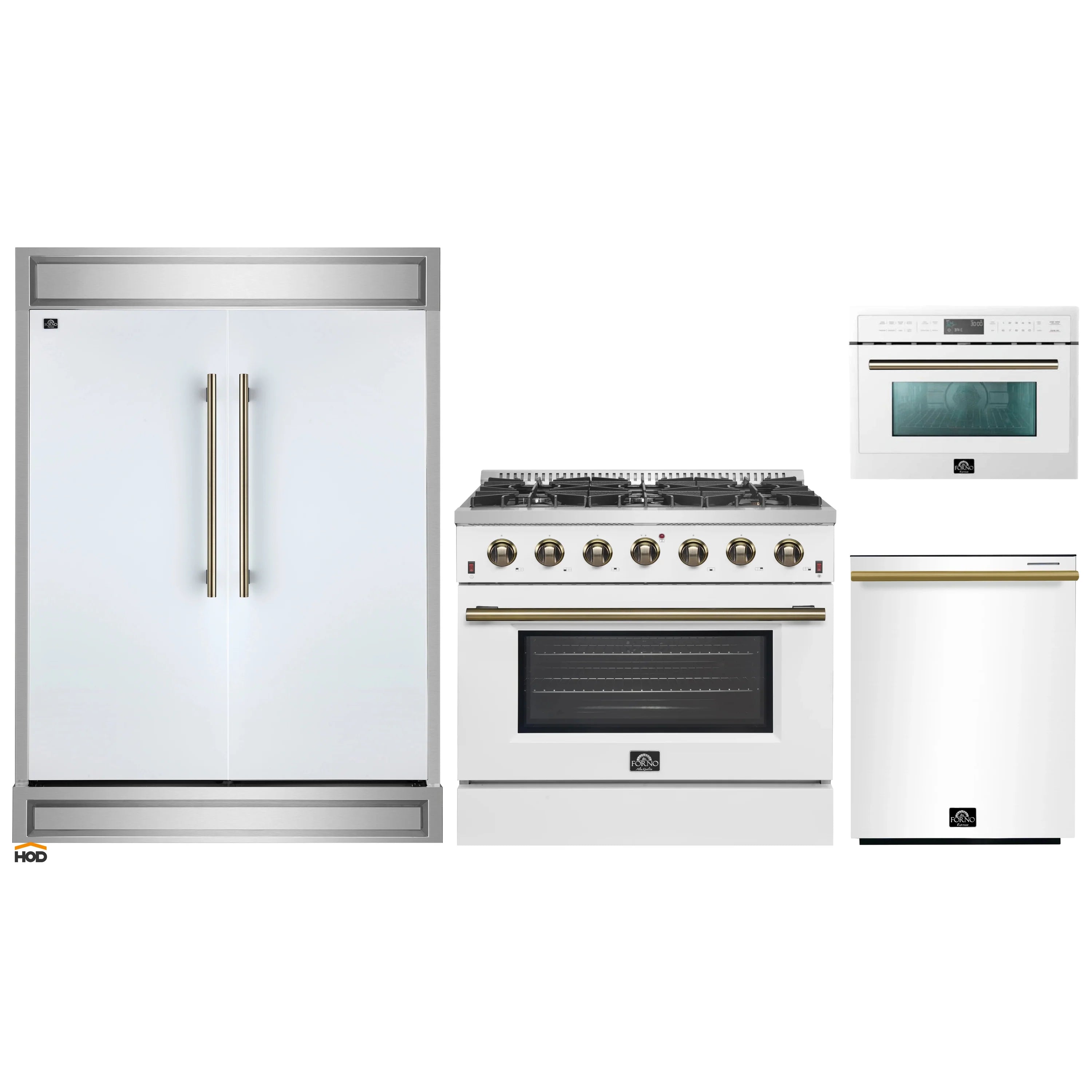 White 4-piece appliance set: refrigerator, gas range, dishwasher, and microwave
