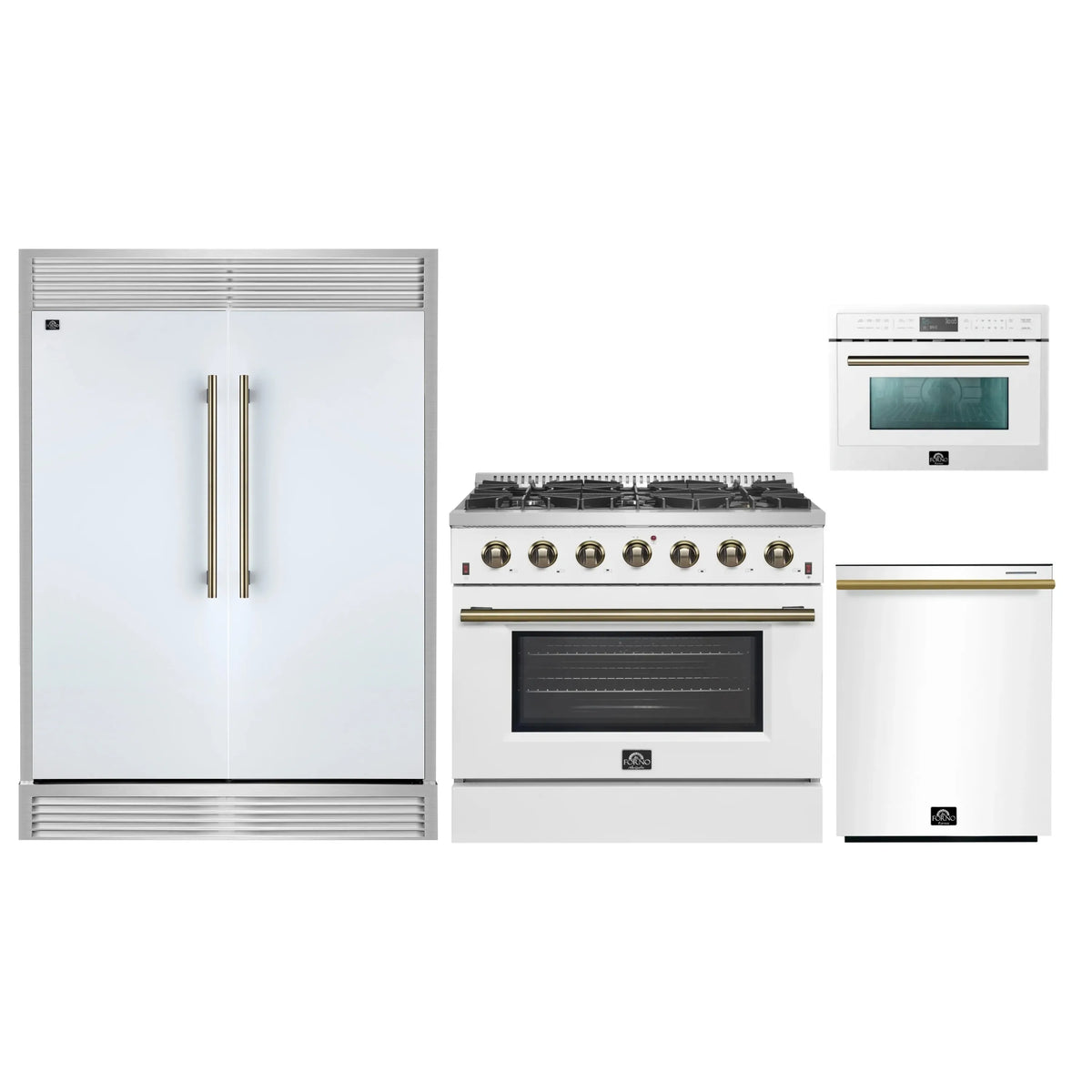 Forno 4-Piece Appliance Package - 36-Inch Galiano Gas Range, 60-Inch Refrigerator, Dishwasher, & 24-Inch Microwave Oven in White with Antique Brass Trim