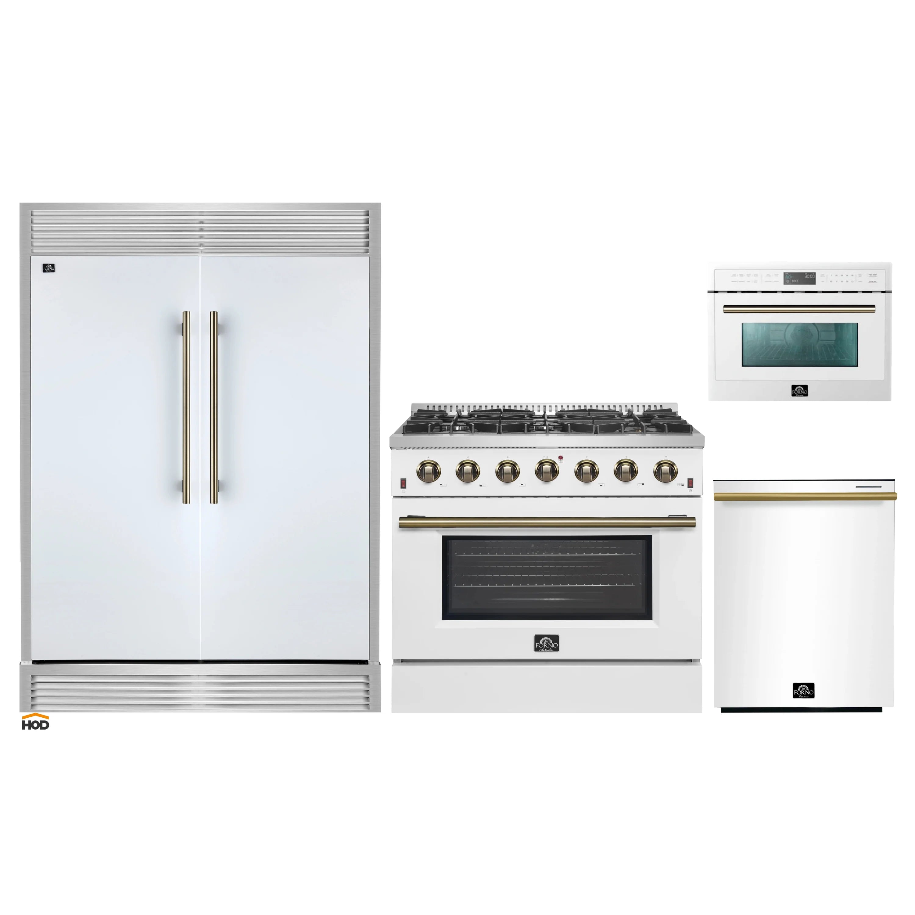 Appliance set: white refrigerator, gas range, and wall microwave with brass handles