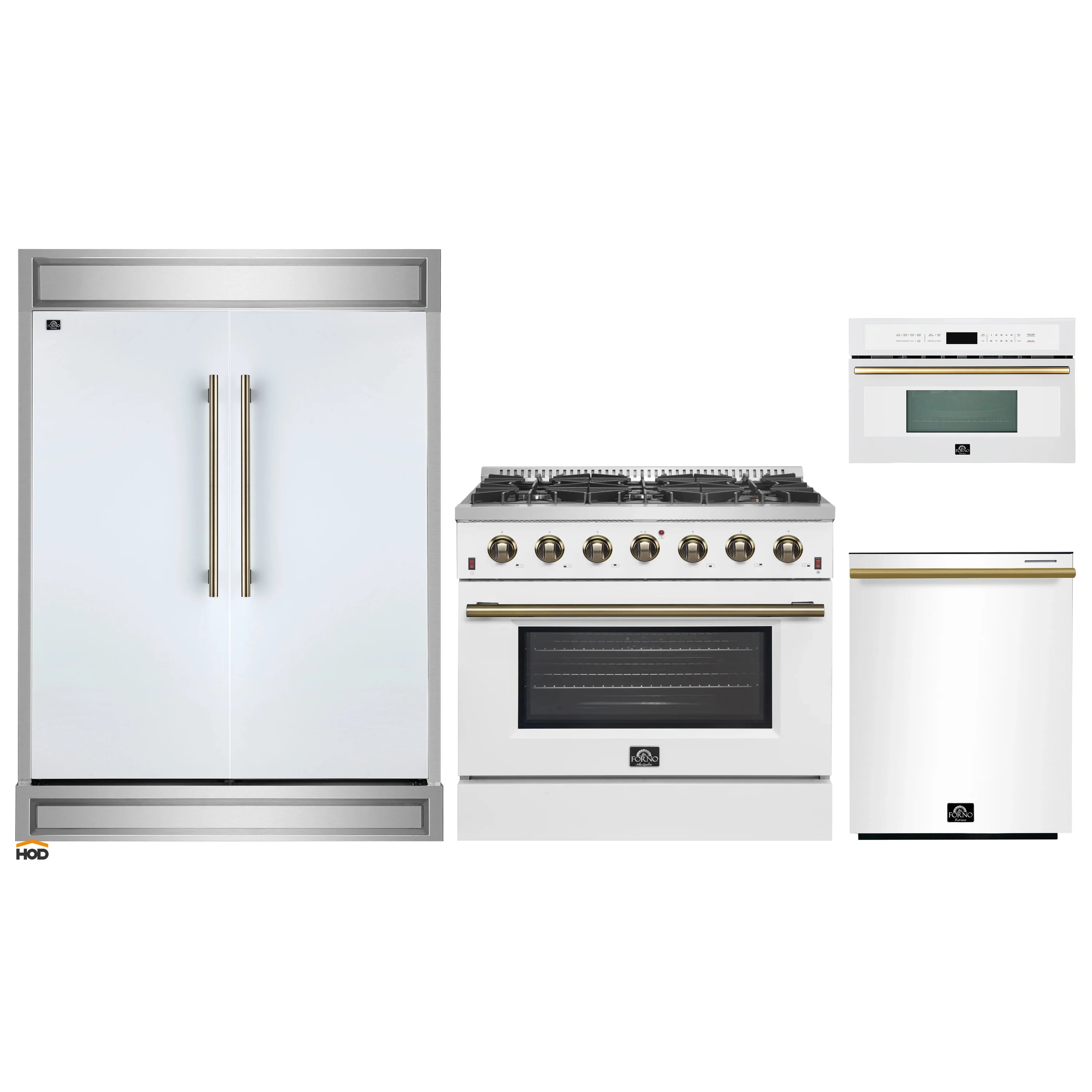 White 4-piece appliance package with gas range, refrigerator, dishwasher, microwave
