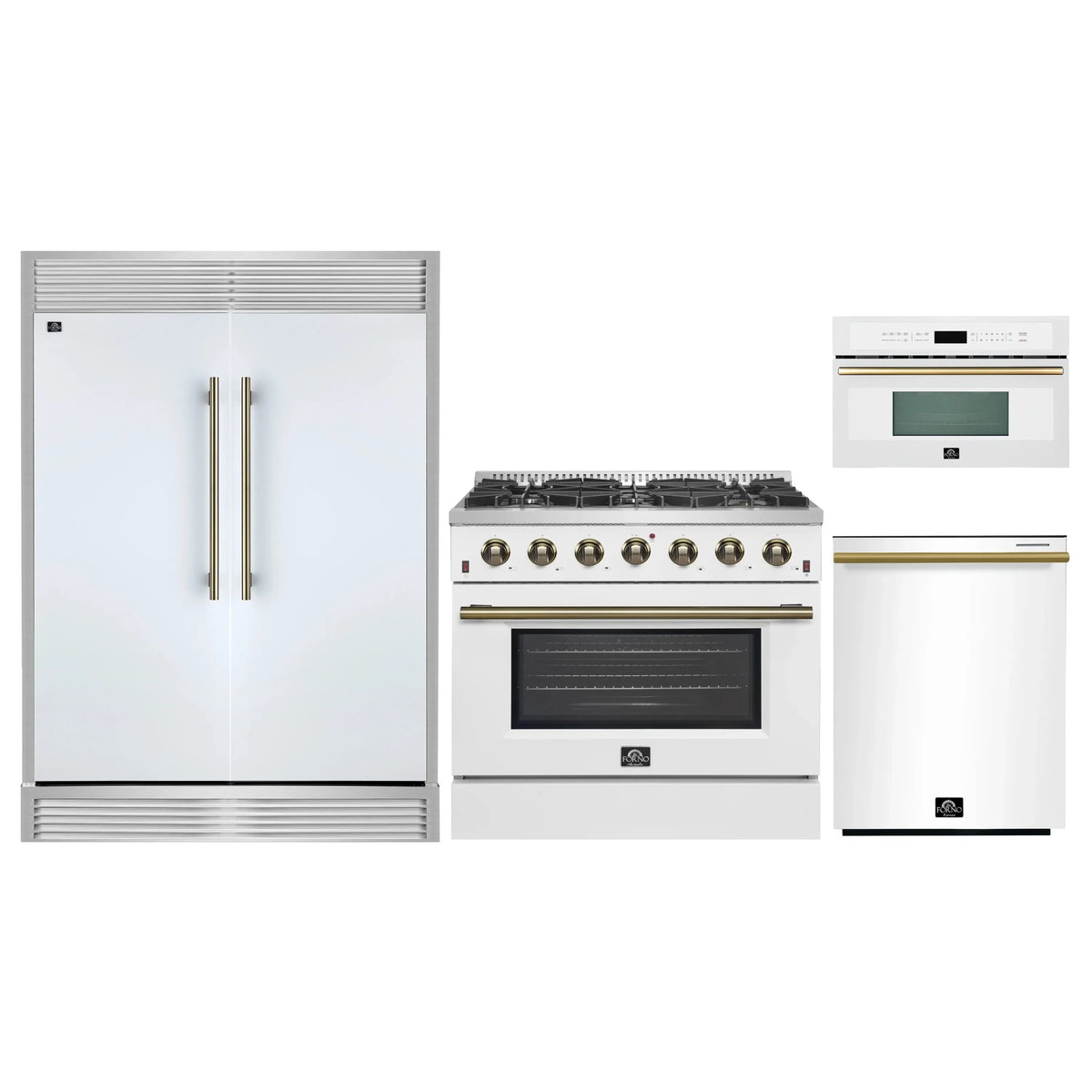Forno 4-Piece Appliance Package - 36-Inch Galiano Gas Range, 60-Inch Refrigerator, Dishwasher, & 30-Inch Microwave Oven in White with Antique Brass Trim