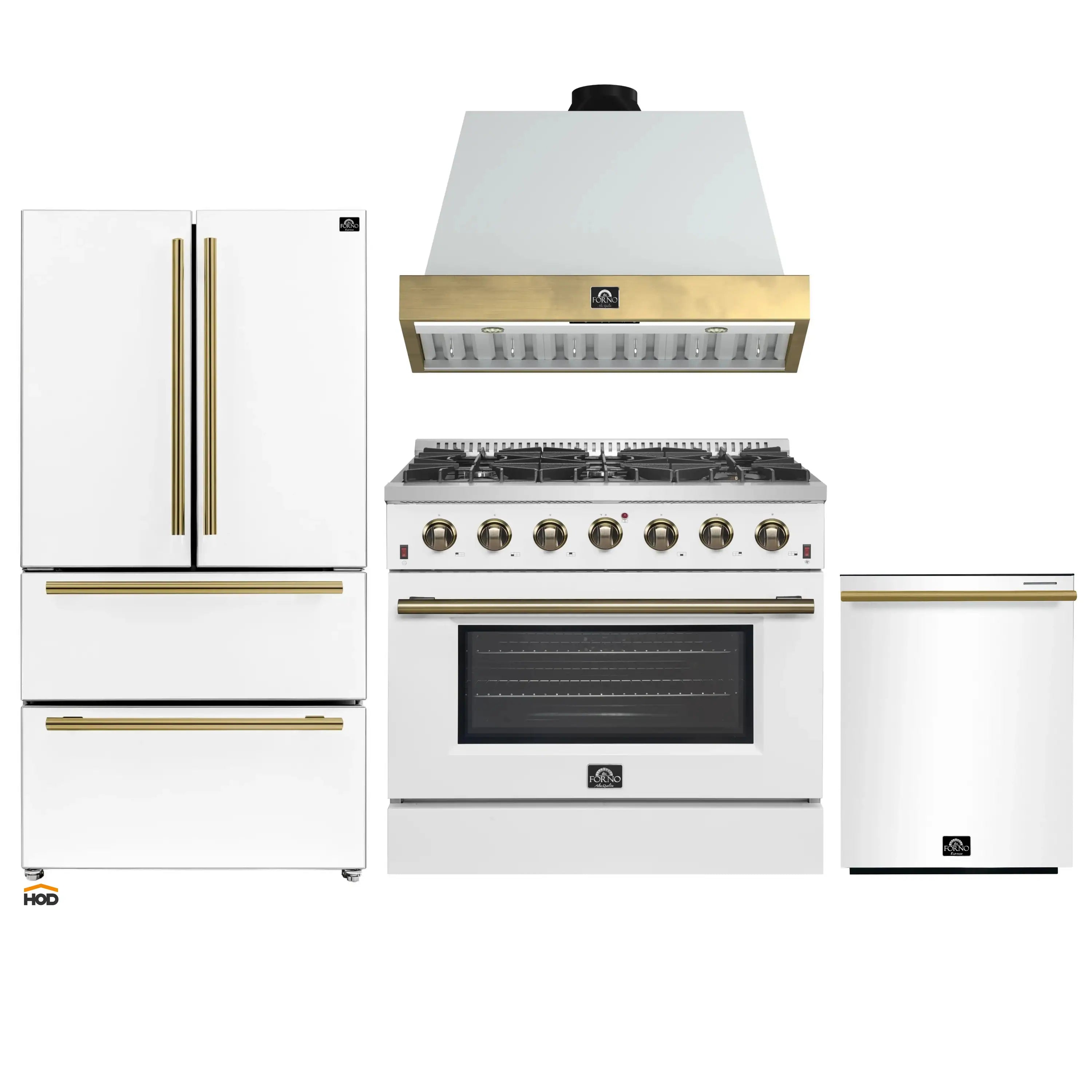 White kitchen appliance set with gas range, hood, refrigerator, and dishwasher