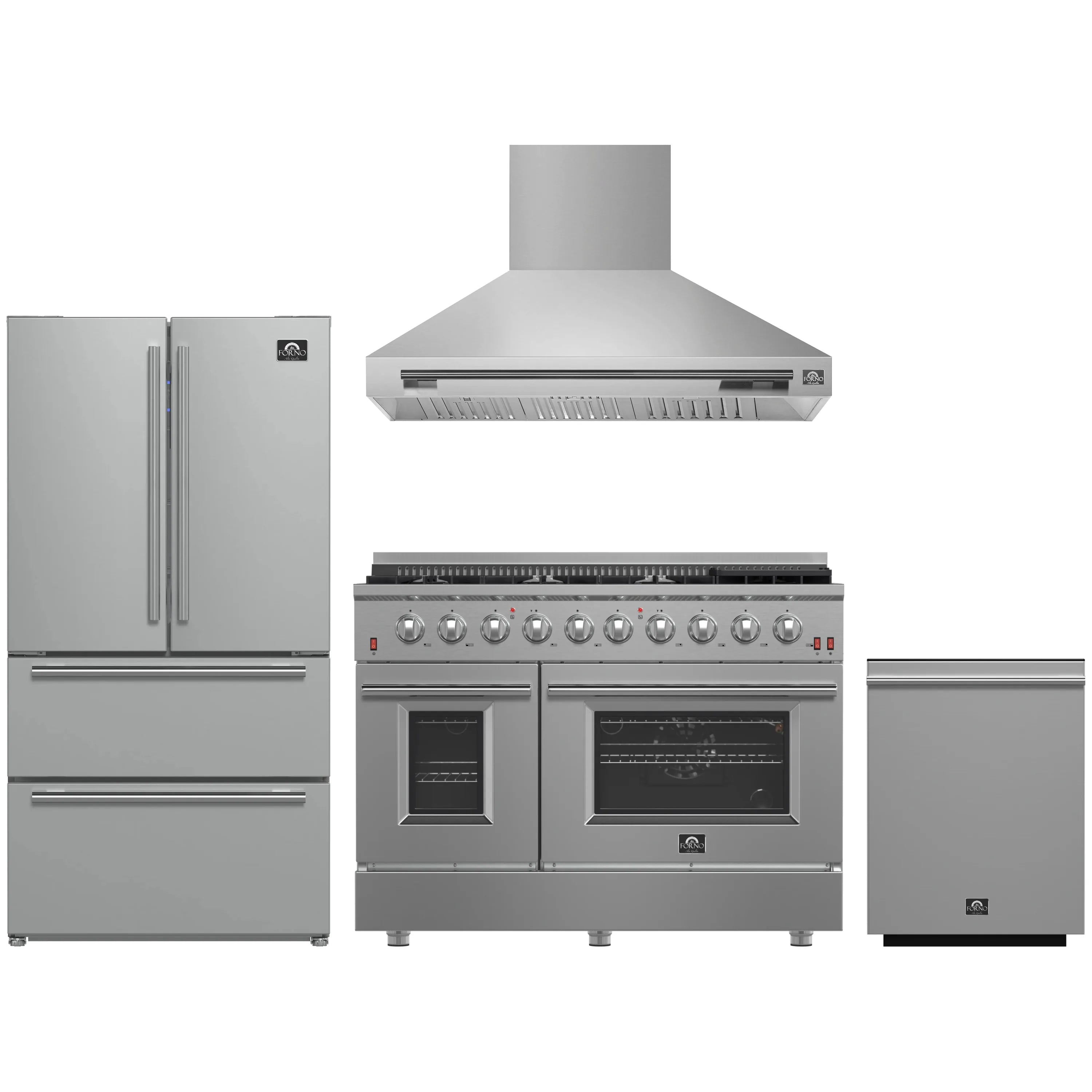 Stainless steel 4-piece kitchen appliance package: gas range, wall hood, fridge, dishwasher