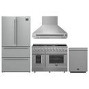 Forno 4-Piece Appliance Package - 48-Inch Gas Range, Wall Mount Range Hood, 36-Inch French Door Refrigerator, and Dishwasher in Stainless Steel