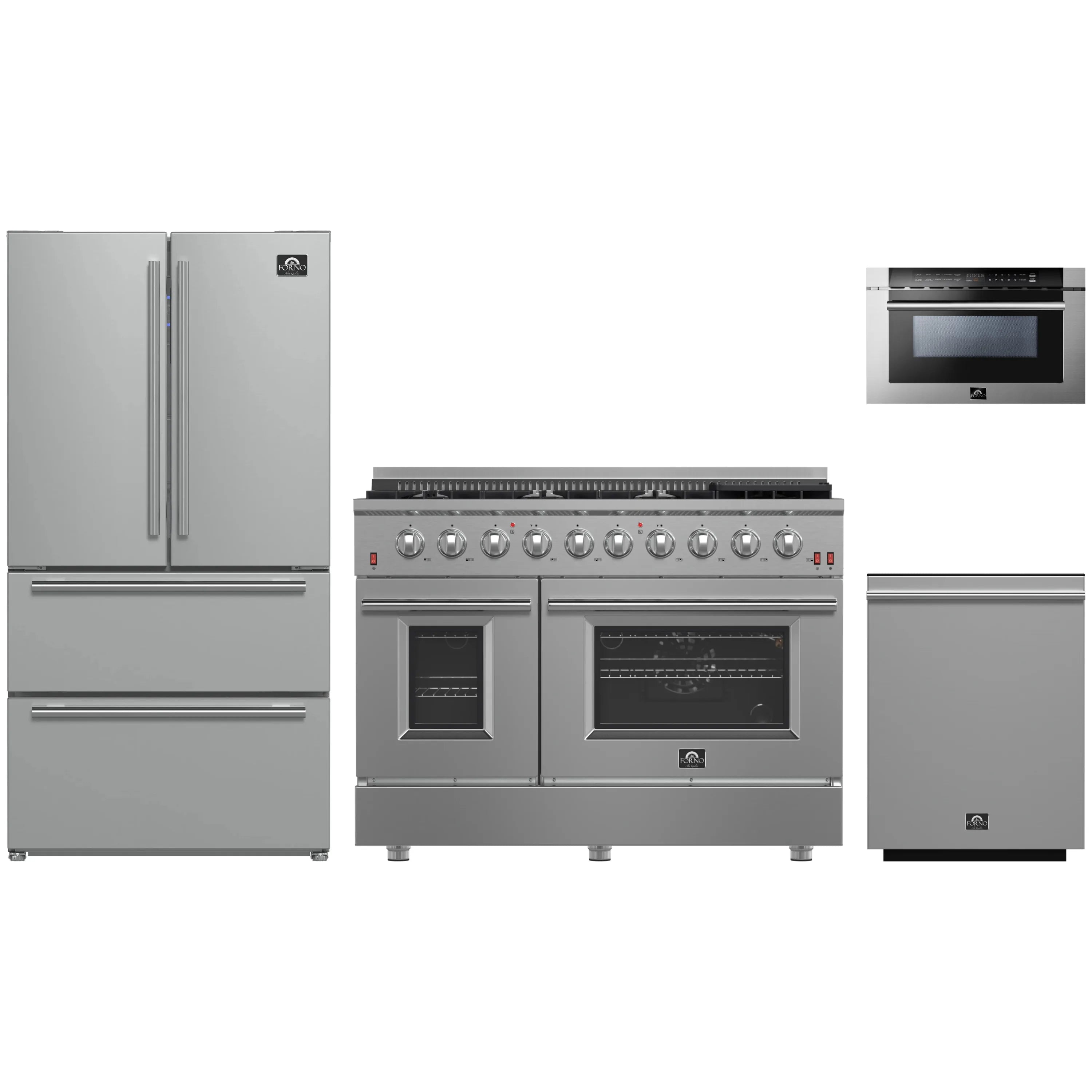 Forno stainless steel appliance package showing refrigerator, gas range, dishwasher, and microwave