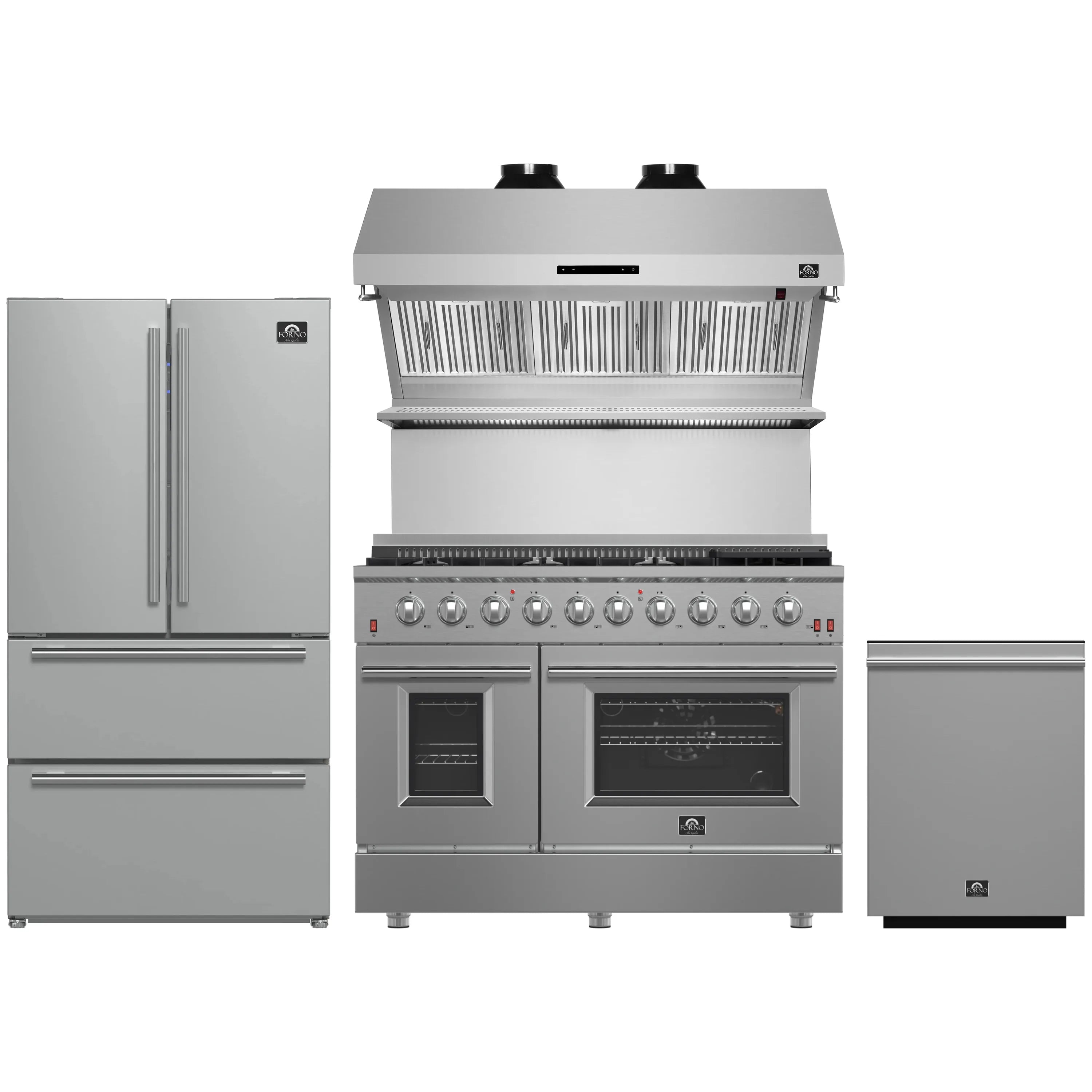 Forno 4-Piece Appliance Package - 48-Inch Gas Range, Refrigerator, Wall Mount Hood with Backsplash, & 3-Rack Dishwasher in Stainless Steel
