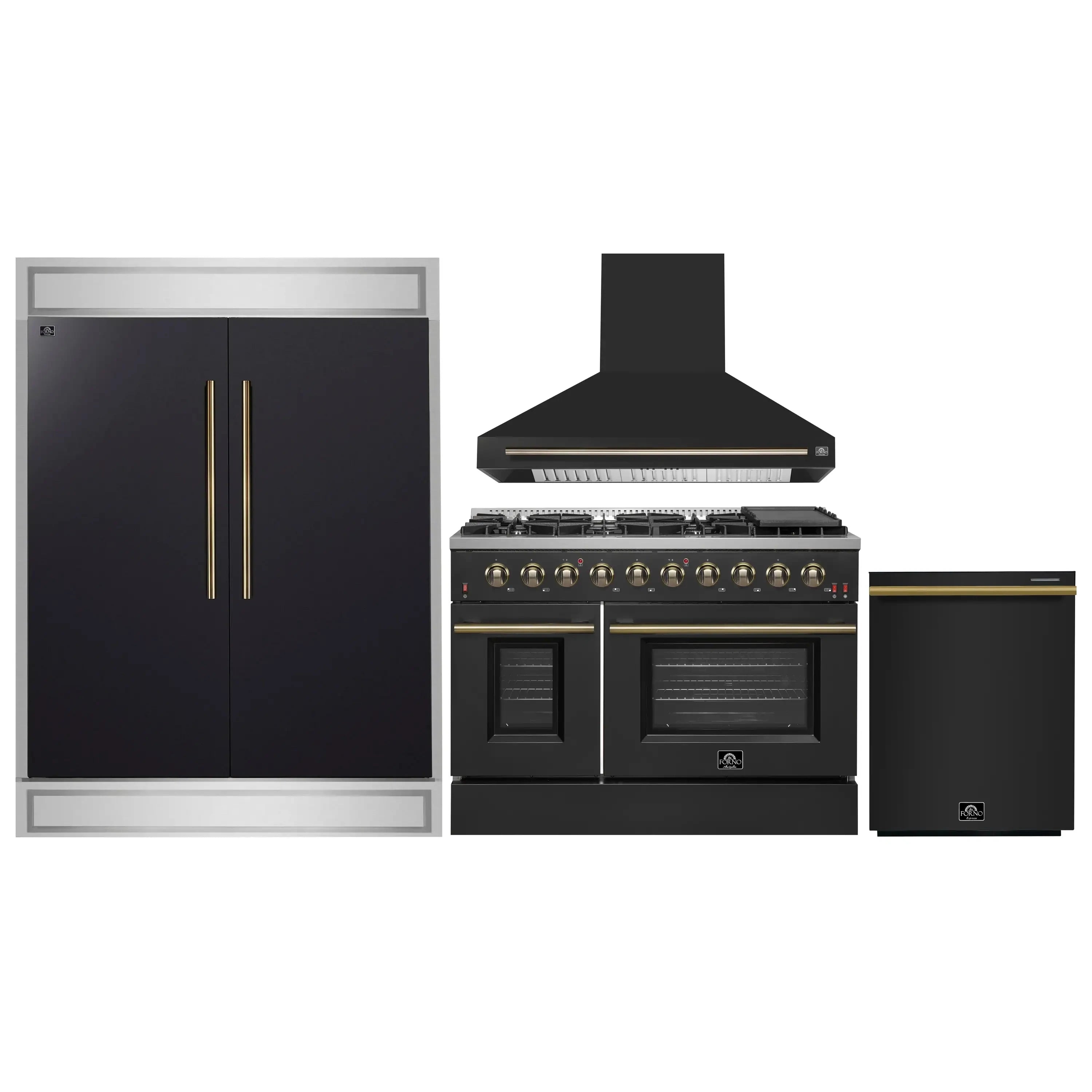 Appliance set with black range hood, gas range, and black refrigerator doors