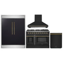 Forno 4-Piece Appliance Package - 48-Inch Gas Range, Wall Mount Range Hood, 60-Inch Built-In Convertible Refrigerator, and Dishwasher in Black with Antique Brass Handle