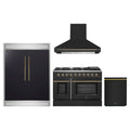 Forno 4-Piece Appliance Package - 48-Inch Gas Range, Wall Mount Range Hood, 60-Inch Built-In Convertible Refrigerator, and Dishwasher in Black with Antique Brass Trim