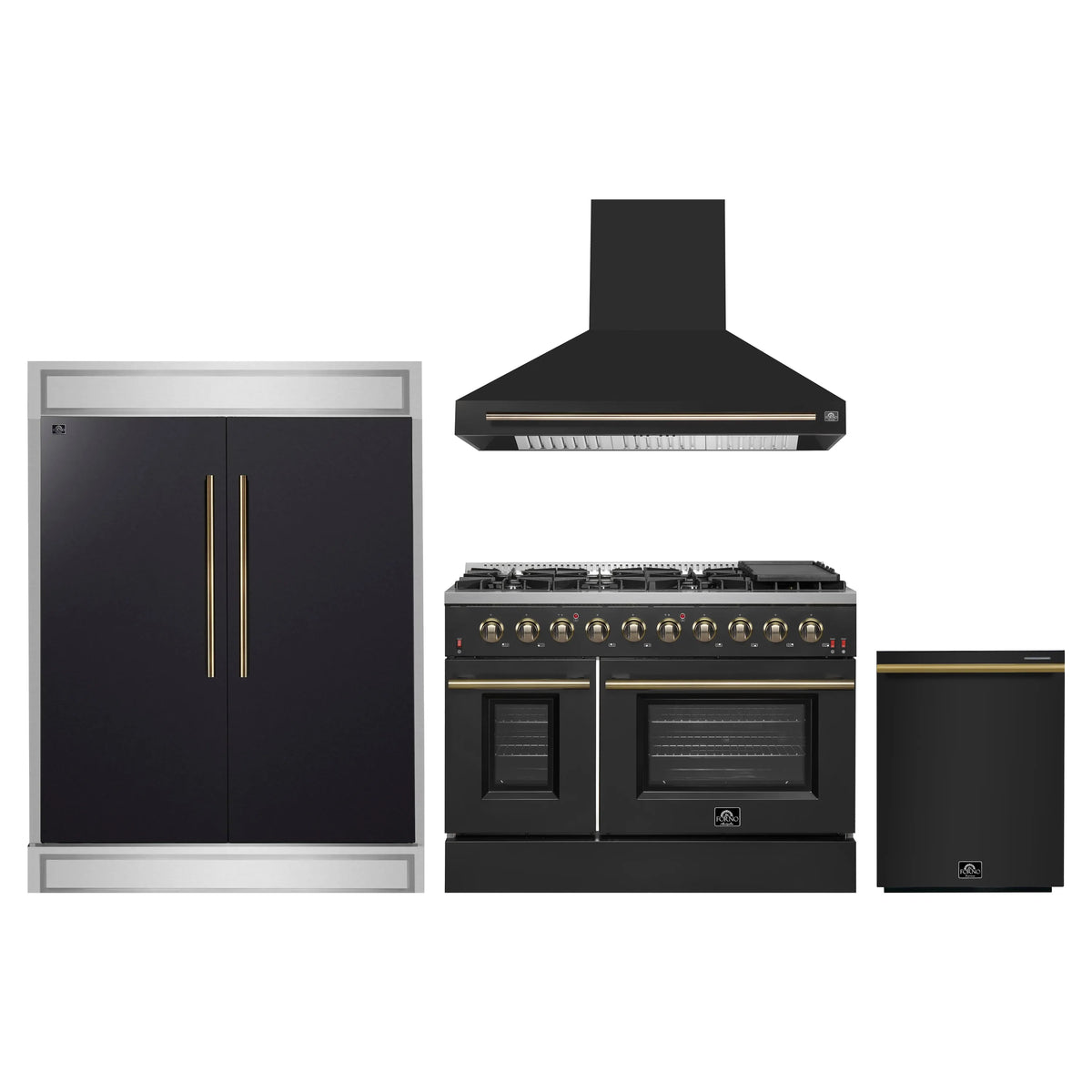 Forno 4-Piece Appliance Package - 48-Inch Gas Range, Wall Mount Range Hood, 60-Inch Built-In Convertible Refrigerator, and Dishwasher in Black with Antique Brass Trim