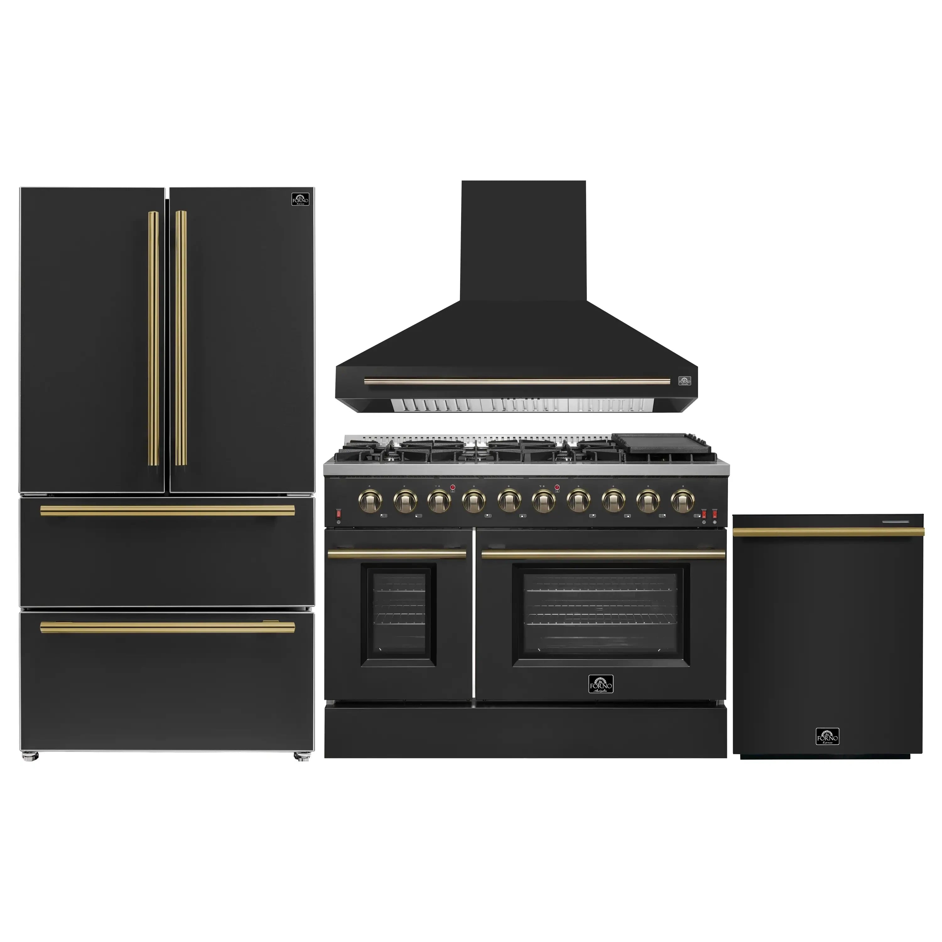 Black appliance set with French door refrigerator, gas range, range hood, and dishwasher