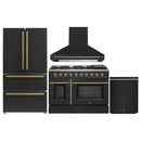 Forno 4-Piece Appliance Package - 48-Inch Gas Range, Wall Mount Range Hood, 36-Inch French Door Refrigerator, and Dishwasher in Black with Antique Brass Handle