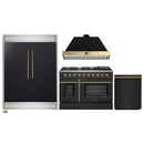 Forno 4-Piece Appliance Package - 48-Inch Gas Range, 60-Inch Convertible Refrigerator with Modern Trim, Dishwasher, in Black with Antique Brass Handle