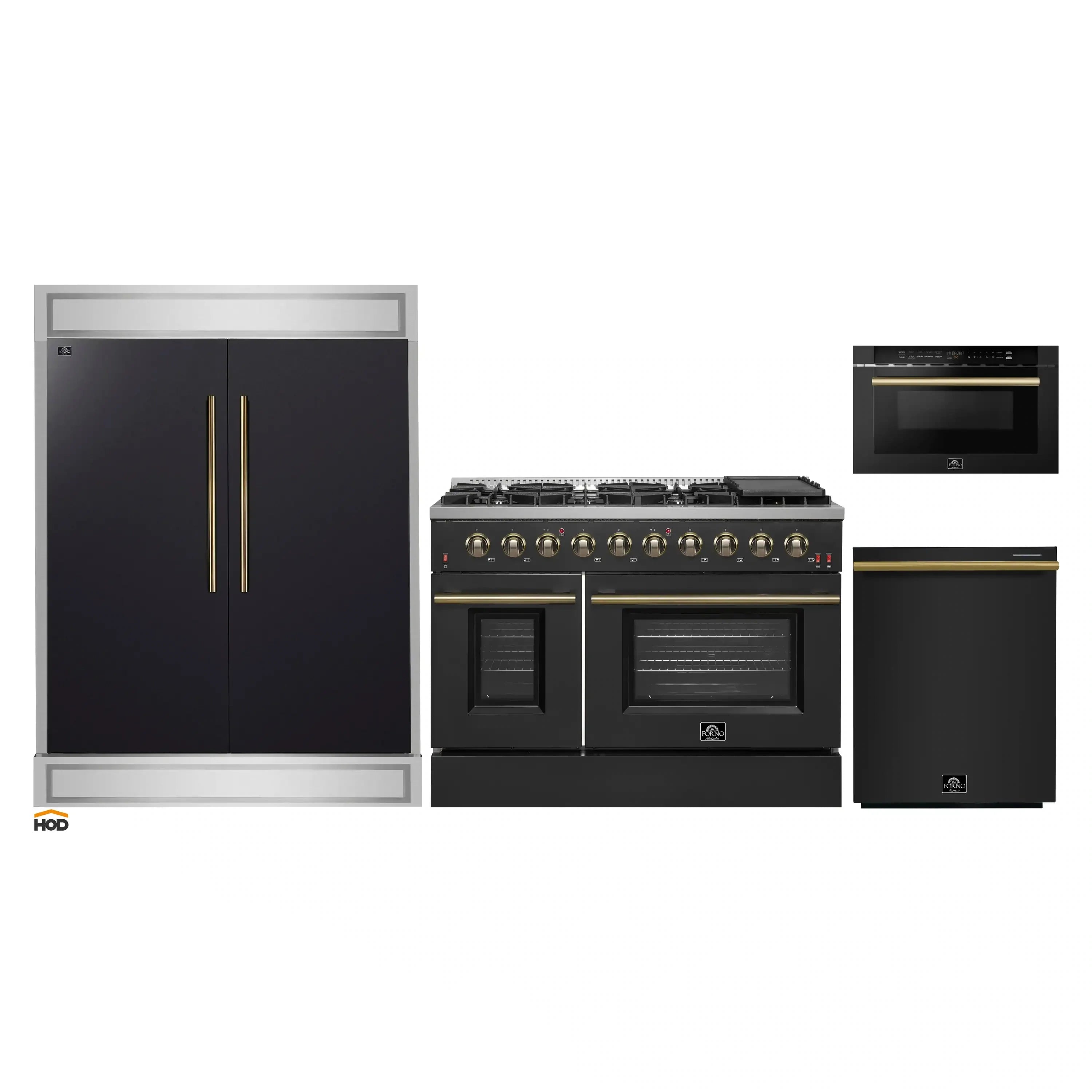 Black appliance set with antique brass accents: refrigerator, gas range, dishwasher, microwave.