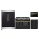 Forno 4-Piece Appliance Package - 48-Inch Gas Range, 60-Inch Convertible Refrigerator with Modern Trim, Dishwasher, and 24-Inch Microwave Drawer in Black with Antique Brass Handle