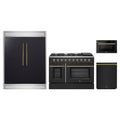 Forno 4-Piece Appliance Package - 48-Inch Gas Range, 60-Inch Convertible Refrigerator with Modern Trim, Dishwasher, and 24-Inch Microwave Drawer in Black with Antique Brass Trim