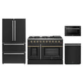 Forno 4-Piece Appliance Package - 48-Inch Gas Range, 36-Inch Refrigerator, 24-Inch Microwave Drawer, & Dishwasher in Black with Antique Brass Trim