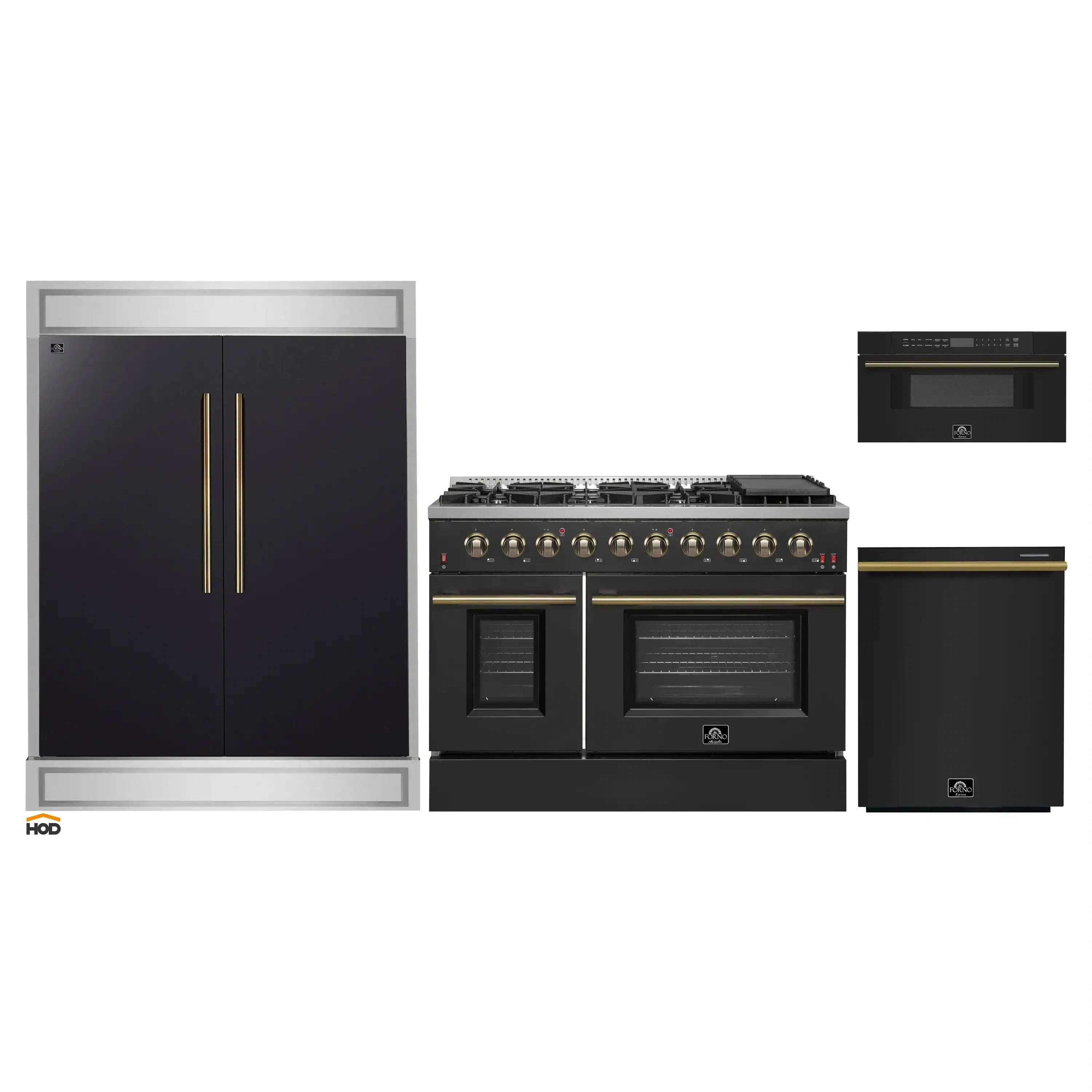 Appliance package view: black refrigerator, gas range, and dishwasher with brass accents